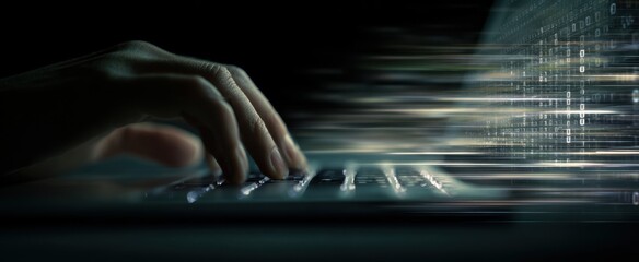 The hand typing on a keyboard with flowing digital data in motion.