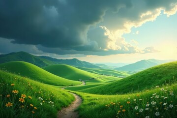Serene Rolling Hills Landscape with Winding Path and Wildflowers Under a Dramatic Sky