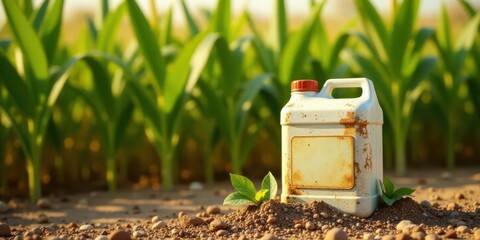 A weathered container sits amidst a vibrant field of young plants, symbolizing agricultural practices and the cycle of growth.