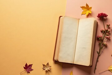Autumnal Composition Open Book with Blank Pages, Dried Flowers, and Fall Leaves on a Warm-Toned Background
