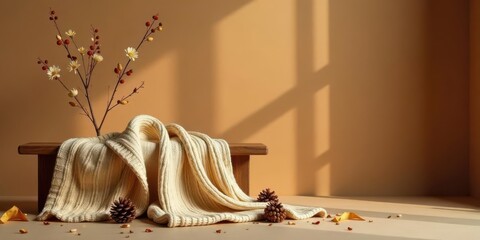 Serene Autumnal Still Life Featuring a Cream-Colored Knit Throw Draped on a Simple Wooden Bench, Decorated with Dried Flowers and Pine Cones, Bathed in Warm Sunlight