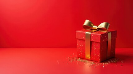 A Red Gift Box with a Golden Bow and Scattered Confetti on a Red Background