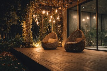 Two wicker egg-shaped chairs on a wooden deck at night, lit by string lights and hanging pendants
