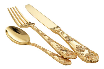 Elegant gold cutlery set featuring a knife fork and spoon with intricate floral designs for fine dining