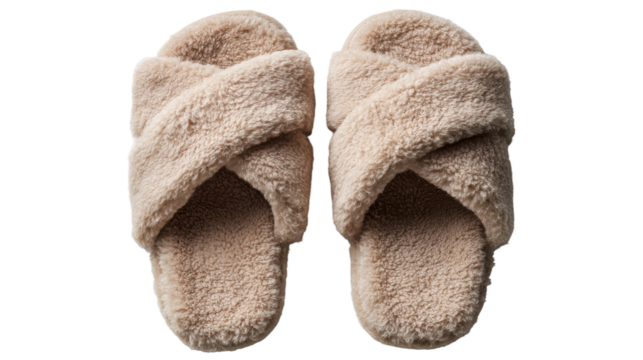 Soft plush slippers with a crossover design offer cozy comfort for lounging at home or relaxing indoors