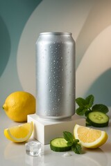 Chilled Silver Drink Can with Lemon, Cucumber, and Mint on Modern Background
