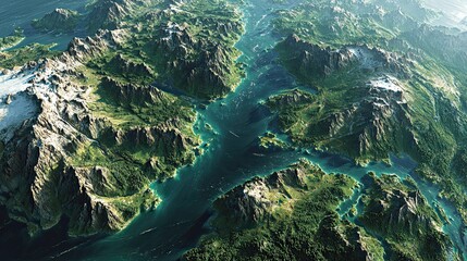 3D Scandinavia topography view, detailed geographic map, realistic land model, modern region design, Nordic landscape