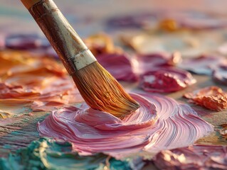 Obraz premium paintbrush blending vibrant colors on a wooden palette