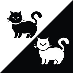 Minimal vector of two playful cats, one black and one white, in a diagonal layout. Ideal for feline-themed design, logo, or cute icons.