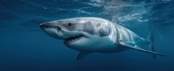 Fototapeta premium The magnificent great white shark swimming gracefully in turquoise waters.