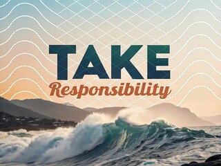Take responsibility motivational message over dramatic ocean waves and mountain landscape at sunset