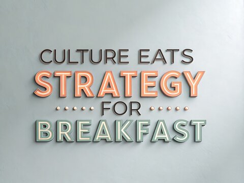 Famous business quote culture eats strategy for breakfast in 3d metallic letters on a grey background