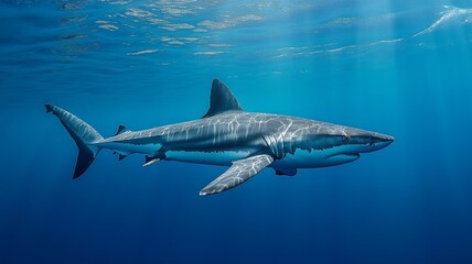 Fototapeta premium A shark glides through crystal-clear waters, showcasing its sleek body and powerful fins.
