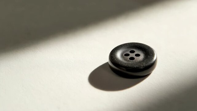 Close-up of black button with four holes on white surface, illuminated by soft light