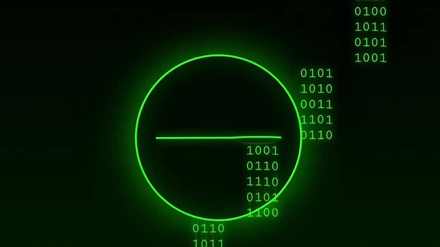 Rotating Green Neon Circle with Spinning Line - Matrix Binary Code Rain Background Animation