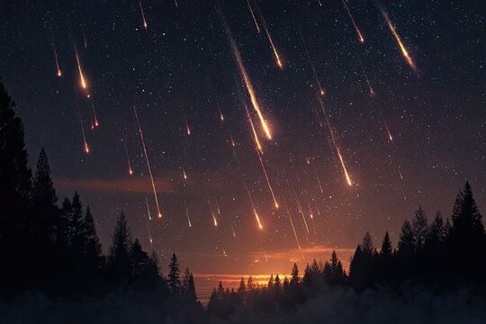 A breathtaking night sky, filled with shooting stars, over a silhouetted forest at dawn