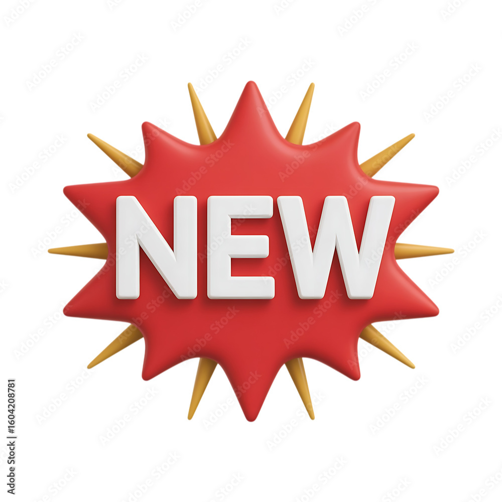 Fototapete vibrant 3d rendering of a red starburst with the word new in bold white letters isolated on transpar