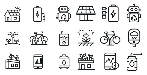 Fototapeta premium Sustainable energy outline icons set – linear, eco power, renewable resources symbols