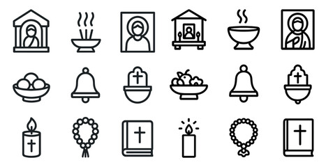 Religion and faith outline icons set – linear, spiritual, sacred symbols collection
