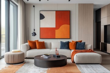 Suprematism-style interior design of a modern living room, featuring abstract geometric bold-colored shapes, Generative AI