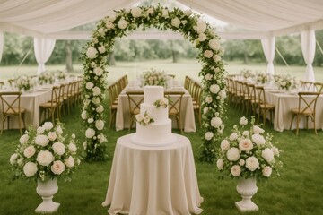 Elegant wedding cake displayed under a floral arch at an outdoor reception