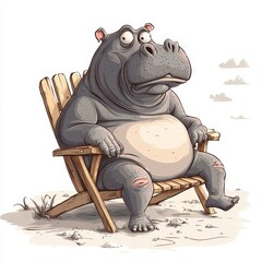 funny cartoon hippo sitting on a broken beach chair, isolated on a white background. This design reflects the concept of obesity and overweight, Generative AI