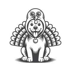 Dog wearing turkey costume with feathers and collar vector