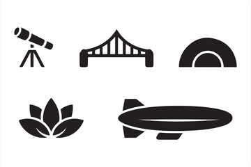 Black and White Exploration and Nature Icons - Symbols of Telescope, Lotus, Bridge, and Zeppelin © MD.sahadat