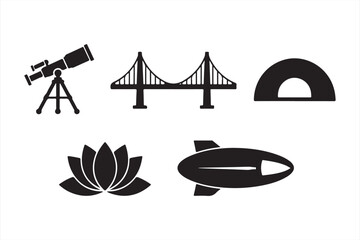 Black and White Icons - Illustrations of Telescope, Bridge, Lotus, and Zeppelin © MD.sahadat