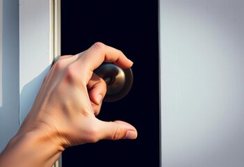 Naklejka premium Close-up of a hand gripping a metal door handle on a white wooden door, object, interior