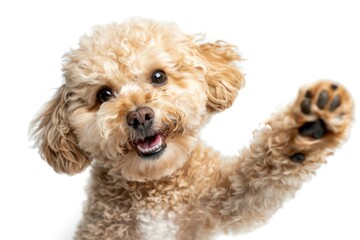 Dog smiling and waving to a camera background puppy white.