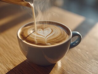 cappuccino cup, barista pouring a thin stream of micro-foam that forms a perfect heart 