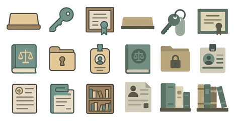 Legal and office flat icons set – documents, contract, workplace essentials