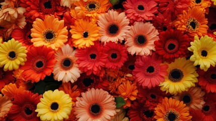 Vibrant flower arrangement of gerbera daisies in a variety of warm autumn colors.