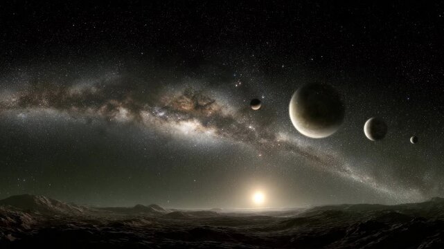 A vivid Milky Way stretching across space behind a planetary system with five small moons