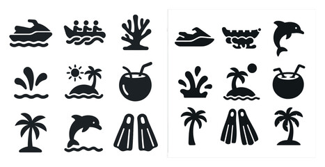 Aquatic adventure solid icons set – silhouette, ocean and marine life symbols