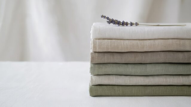 A brand-new stack of light-colored cotton and linen textiles with a freshness theme. Generative AI