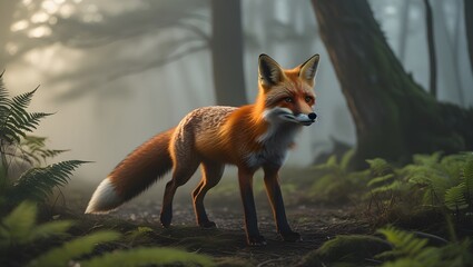 Fototapeta premium Elegant Fox with White-Tipped Tail in Mystical Woodland Setting