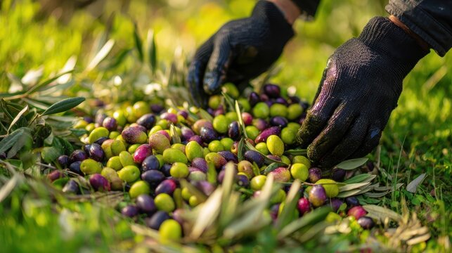 The hands carefully picking olives from a vibrant harvest on the ground. - Powered by Adobe
