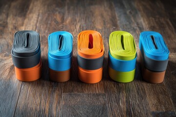 Colorful rubber bands stacked on a wooden surface