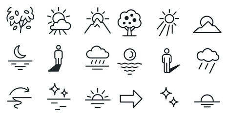 Weather and nature outline icons set – flat, linear, climate and environment symbols