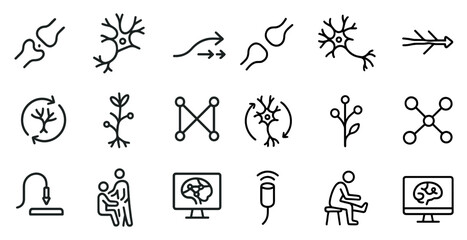 Neuroscience linear icons set – brain, neuron, and nervous system symbols