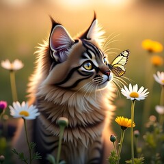 Adorable lynx kitten with butterfly on nose in a sunlit meadow