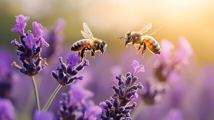 Two Bees Hovering Over Lavender Blooms Macro Sho