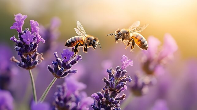 Two Bees Hovering Over Lavender Blooms Macro Sho