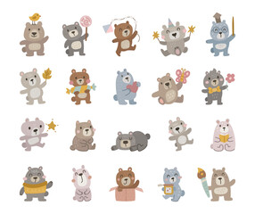 Fototapeta premium Charming bear character set in scandinavian style showing adorable emotions and activities for your creating cute and friendly illustration and creative designs projects