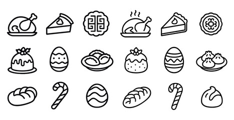Food and dessert linear icons set – outline, sweet, meal and bakery symbols