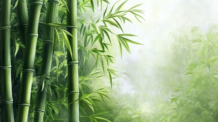 Lush bamboo grove in a misty landscape.