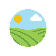 Fototapeta premium A vibrant circular icon showing a minimalist farm landscape. Features rolling green hills, a bright sun, and a single cloud in a blue sky.