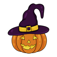 Fun pumpkin in a witch's hat. Vector illustration for Halloween celebration in doodle style.